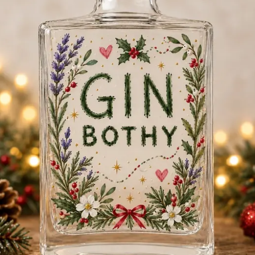 Decorative gin bottle labelled “GIN BOTHY”, illustrated with festive holly, lavender, berries, flowers and a red ribbon, displayed against a softly lit Christmas-themed background.