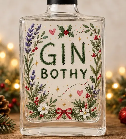 Decorative gin bottle labelled “GIN BOTHY”, illustrated with festive holly, lavender, berries, flowers and a red ribbon, displayed against a softly lit Christmas-themed background.
