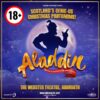Promotional poster for Aladdin at The Webster Theatre, Arbroath, featuring a silhouetted genie standing in front of a glowing full moon against a starry blue night sky. Large gold lettering displays the title Aladdin, with accompanying text describing it as “Scotland’s Genie-us Christmas Pantomime!” and “A Magical Adventure for the Whole Family!”. The poster includes venue information for The Webster Theatre, Arbroath, along with Angus Alive and Charming Entertainment branding. A prominent circular “18+” symbol appears in the top-left corner of the image.