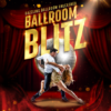 Promotional poster for Ballroom Blitz, featuring a ballroom dance couple performing a dramatic dip pose in front of a large mirrored disco ball. The background shows rich red theatre curtains, golden sparkles and warm spotlight effects, creating a glamorous stage atmosphere. Large gold lettering displays the title Ballroom Blitz, with the tagline “Dazzling Ballroom Unleashed” above. The dancers are dressed in performance costumes, with one wearing a shimmering gold outfit, while dramatic lighting and swirling red fabric frame the scene. The poster uses red, gold and silver tones to evoke the excitement and elegance of a live ballroom dance show.