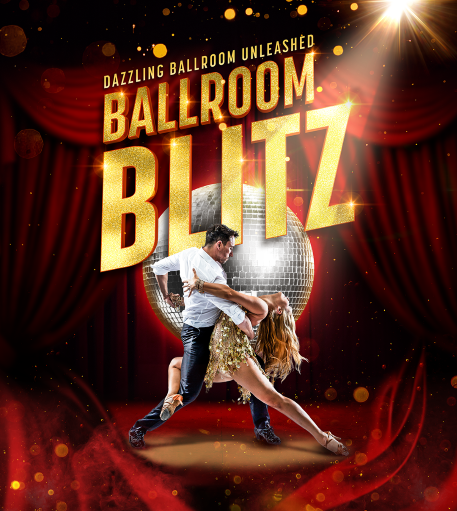 Promotional poster for Ballroom Blitz, featuring a ballroom dance couple performing a dramatic dip pose in front of a large mirrored disco ball. The background shows rich red theatre curtains, golden sparkles and warm spotlight effects, creating a glamorous stage atmosphere. Large gold lettering displays the title Ballroom Blitz, with the tagline “Dazzling Ballroom Unleashed” above. The dancers are dressed in performance costumes, with one wearing a shimmering gold outfit, while dramatic lighting and swirling red fabric frame the scene. The poster uses red, gold and silver tones to evoke the excitement and elegance of a live ballroom dance show.