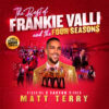 Promotional poster for The Best of Frankie Valli and the Four Seasons, featuring a vibrant red background with concert and cityscape imagery. At the centre is a performer wearing a gold sequined jacket, surrounded by smaller images of live singers, musicians and stage performances. Large white and gold text displays the title The Best of Frankie Valli and the Four Seasons, while additional text highlights “Starring X Factor Winner Matt Terry.” A circular badge notes a featured appearance by Frankie Valli star Damion Scarcella. The design uses bright red, gold and pink tones with stage lighting effects to create an energetic live-concert atmosphere.