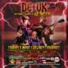 Promotional poster for DC/UK, an AC/DC tribute band previously known as AC/DC UK. The design features multiple live performance photographs of band members playing guitars, singing and performing on stage, set against a dramatic red sky filled with lightning bolts. Large stylised text at the top reads “DC/UK” and “Previously Known As: AC/DC UK”. Bold yellow lettering describes the act as “Europe’s Most Explosive Tribute”, with additional text highlighting international performances, media appearances and large-scale stage effects including firing cannons, a giant inflatable Rosie, a Hell’s Bell and oversized Angus caps. Numerous festival, venue and media logos appear along the bottom of the poster. The overall design uses red, black, yellow and white tones to create a high-energy rock concert atmosphere.