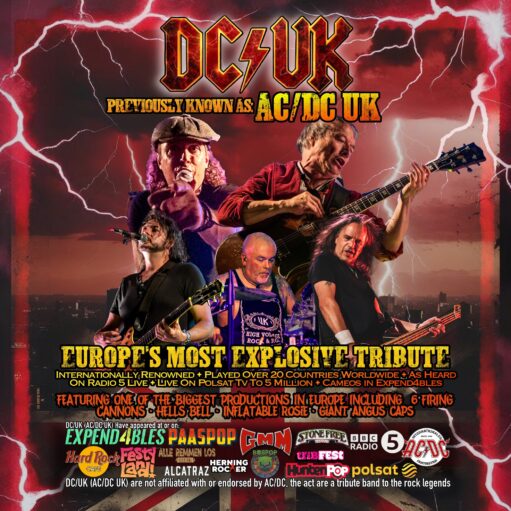 Promotional poster for DC/UK, an AC/DC tribute band previously known as AC/DC UK. The design features multiple live performance photographs of band members playing guitars, singing and performing on stage, set against a dramatic red sky filled with lightning bolts. Large stylised text at the top reads “DC/UK” and “Previously Known As: AC/DC UK”. Bold yellow lettering describes the act as “Europe’s Most Explosive Tribute”, with additional text highlighting international performances, media appearances and large-scale stage effects including firing cannons, a giant inflatable Rosie, a Hell’s Bell and oversized Angus caps. Numerous festival, venue and media logos appear along the bottom of the poster. The overall design uses red, black, yellow and white tones to create a high-energy rock concert atmosphere.