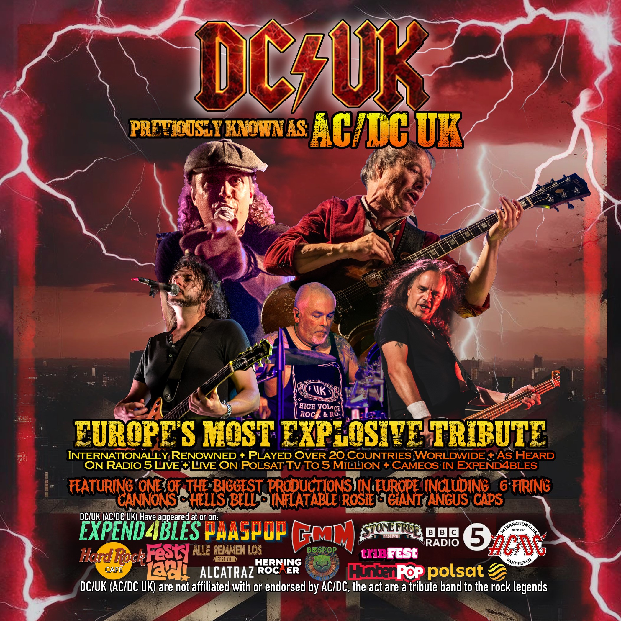 Promotional poster for DC/UK, an AC/DC tribute band previously known as AC/DC UK. The design features multiple live performance photographs of band members playing guitars, singing and performing on stage, set against a dramatic red sky filled with lightning bolts. Large stylised text at the top reads “DC/UK” and “Previously Known As: AC/DC UK”. Bold yellow lettering describes the act as “Europe’s Most Explosive Tribute”, with additional text highlighting international performances, media appearances and large-scale stage effects including firing cannons, a giant inflatable Rosie, a Hell’s Bell and oversized Angus caps. Numerous festival, venue and media logos appear along the bottom of the poster. The overall design uses red, black, yellow and white tones to create a high-energy rock concert atmosphere.