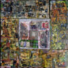Mixed-media textile and collage artwork composed of multiple rectangular panels arranged around a central stitched fabric piece. The surrounding panels contain layered images of buildings, industrial structures, machinery, clocks, architectural details and abstract marks in earthy tones of brown, ochre, green, black and grey. At the centre, a patchwork textile panel combines stitched fabric sections, printed imagery, embroidery and tartan fabric, including a small portrait and geometric stitched elements. The overall composition has a weathered, textured appearance, blending urban, industrial and historical imagery with fabric and textile techniques. The artwork uses overlapping prints, marks and stitching to create a complex, layered visual narrative with a strong handmade and archival quality.