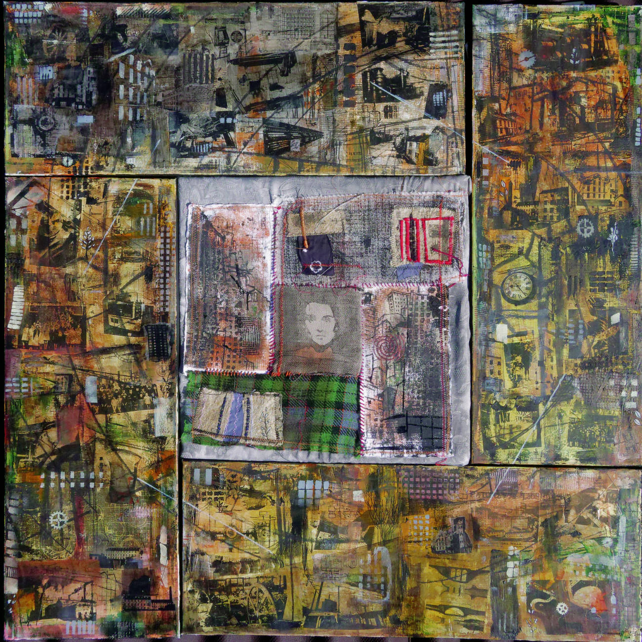 Mixed-media textile and collage artwork composed of multiple rectangular panels arranged around a central stitched fabric piece. The surrounding panels contain layered images of buildings, industrial structures, machinery, clocks, architectural details and abstract marks in earthy tones of brown, ochre, green, black and grey. At the centre, a patchwork textile panel combines stitched fabric sections, printed imagery, embroidery and tartan fabric, including a small portrait and geometric stitched elements. The overall composition has a weathered, textured appearance, blending urban, industrial and historical imagery with fabric and textile techniques. The artwork uses overlapping prints, marks and stitching to create a complex, layered visual narrative with a strong handmade and archival quality.
