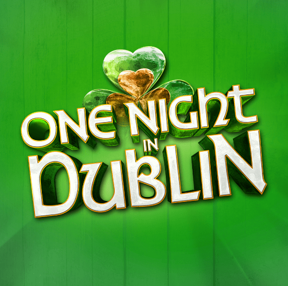 Promotional graphic for One Night in Dublin, featuring the show title in large white lettering with gold edging set against a bright green background. Above the title is a stylised shamrock made from heart-shaped leaves in green, gold and silver tones. The design has a simple, bold appearance with subtle wood-panel textures in the background and a strong Irish-inspired colour scheme.