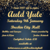 Promotional graphic for Auld Yule, an event taking place at Brechin City Hall. The design features a dark blue background with a border of gold sparkling lights cascading from the top. Large gold script text in the centre reads “Auld Yule”, with supporting text stating “Start 2027 off in style!” and “Saturday 9th January”. Additional information notes “Bubbles and Canapés from 6.30pm” and “Dinner provided by Jordon McIntosh”. Ticket details are displayed below, advertising earlybird tickets at £38, available through ticketsource.co.uk/brechincityhall.