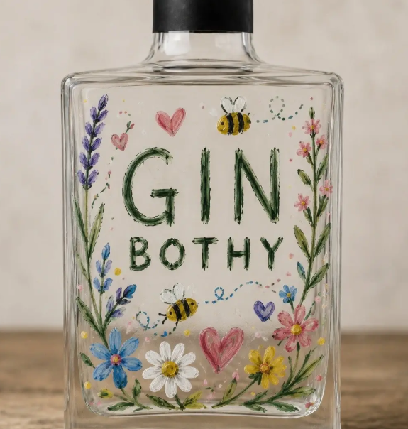 Clear glass bottle decorated with hand-painted floral and nature-themed artwork, displayed on a wooden surface against a neutral background. The bottle has a black cap and features the words “GIN BOTHY” painted in large green lettering across the centre.