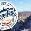 Promotional graphic for Montrose Sconefest, featuring a large circular festival logo overlaid on an aerial view of Montrose town centre. The background image shows a long main street lined with historic stone buildings, parked cars and a prominent church with a tall spire rising above the surrounding rooftops. Beyond the town, the landscape stretches towards distant hills beneath a pale blue sky with scattered clouds.