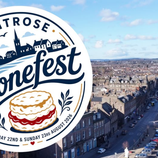 Promotional graphic for Montrose Sconefest, featuring a large circular festival logo overlaid on an aerial view of Montrose town centre. The background image shows a long main street lined with historic stone buildings, parked cars and a prominent church with a tall spire rising above the surrounding rooftops. Beyond the town, the landscape stretches towards distant hills beneath a pale blue sky with scattered clouds.