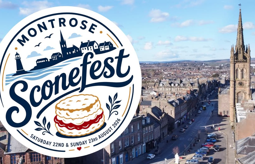 Promotional graphic for Montrose Sconefest, featuring a large circular festival logo overlaid on an aerial view of Montrose town centre. The background image shows a long main street lined with historic stone buildings, parked cars and a prominent church with a tall spire rising above the surrounding rooftops. Beyond the town, the landscape stretches towards distant hills beneath a pale blue sky with scattered clouds.