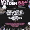 Promotional poster for Live in the Den, a family-friendly music event hosted by DD8 Music on 29 August 2026 from 11am to 4pm at The Den, Kirriemuir. The poster features a dark textured background with neon-style flame graphics and lists performers Emily Lawrence, Rebecca Connelly, Dice Roll Rebels, Visha, Trainwrecks, and Rekkr. Additional attractions include a Rotary duck race, more than 20 market stalls, face painting, food vendors, bouncy castles and a licensed bar, with music, food and community-themed icons displayed along the bottom.