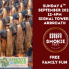Promotional poster for Smokie Fest, a free family event taking place at Signal Tower, Arbroath, on Sunday 6 September 2026 from 12pm to 4pm. The poster features a photograph of traditional Arbroath smokies hanging above a fire on the left, while the right-hand side has a dark red background displaying the event details, the Smokie Fest logo and the words “Free Family Fun.” The Appetite for Angus Food & Drink Network logo appears at the bottom, highlighting the celebration of Arbroath’s famous smoked fish heritage and local food culture.