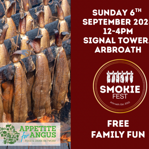 Promotional poster for Smokie Fest, a free family event taking place at Signal Tower, Arbroath, on Sunday 6 September 2026 from 12pm to 4pm. The poster features a photograph of traditional Arbroath smokies hanging above a fire on the left, while the right-hand side has a dark red background displaying the event details, the Smokie Fest logo and the words “Free Family Fun.” The Appetite for Angus Food & Drink Network logo appears at the bottom, highlighting the celebration of Arbroath’s famous smoked fish heritage and local food culture.