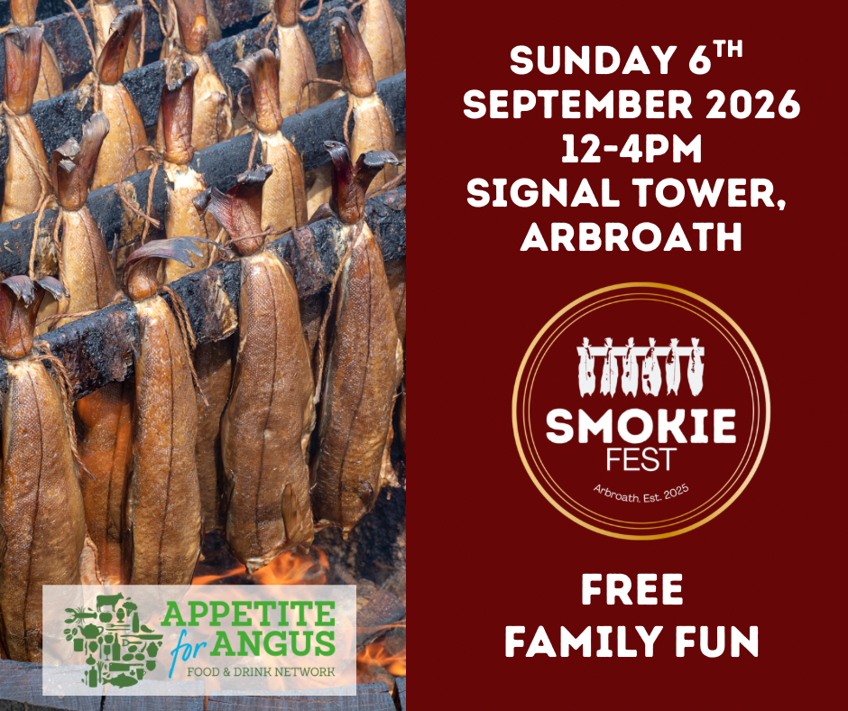 Promotional poster for Smokie Fest, a free family event taking place at Signal Tower, Arbroath, on Sunday 6 September 2026 from 12pm to 4pm. The poster features a photograph of traditional Arbroath smokies hanging above a fire on the left, while the right-hand side has a dark red background displaying the event details, the Smokie Fest logo and the words “Free Family Fun.” The Appetite for Angus Food & Drink Network logo appears at the bottom, highlighting the celebration of Arbroath’s famous smoked fish heritage and local food culture.