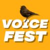 Promotional graphic for Voice Fest, featuring a blackbird standing across large white block letters spelling “VOICE FEST” on a bright golden-yellow background. The bird is shown with its beak open as if singing, reinforcing the vocal and music theme of the event. The bold, high-contrast design uses simple colours and strong typography to create an eye-catching and modern festival logo.