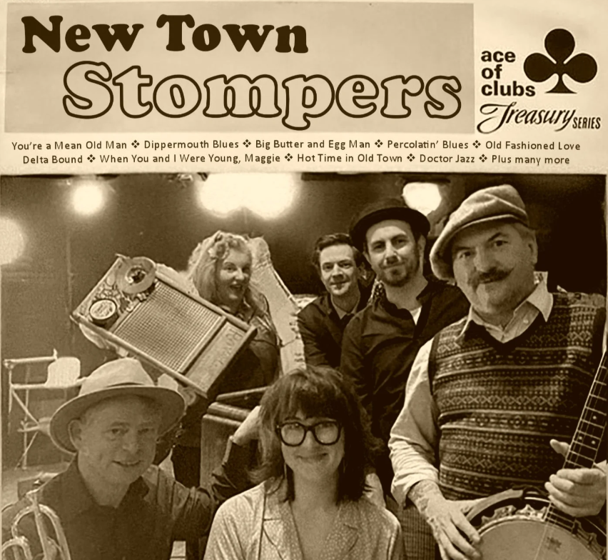 Album cover for New Town Stompers featuring a sepia-toned group photo of six musicians with instruments, including a washboard, trumpet and banjo. The cover includes the text “New Town Stompers” and “Ace of Clubs Treasury Series,” along with a list of songs such as You’re a Mean Old Man, Dippermouth Blues and Doctor Jazz.