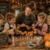 A smiling woman in an apron helps four young children decorate orange pumpkin-shaped cake pops with jack-o'-lantern faces at a rustic workshop table.