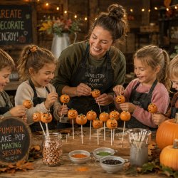 A smiling woman in an apron helps four young children decorate orange pumpkin-shaped cake pops with jack-o'-lantern faces at a rustic workshop table.