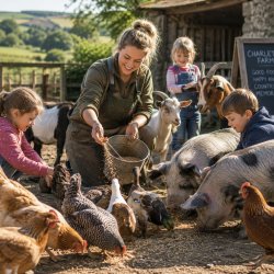 A woman and young children smile while feeding farm animals—including chickens, ducks, goats, and pigs—from a bucket in an outdoor pen on a sunny day.