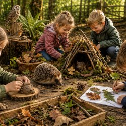 Children play outdoors in a woodland setting surrounded by natural crafts, a small wooden stick shelter, an owl perched on a stump, and a hedgehog walking on the forest floor.