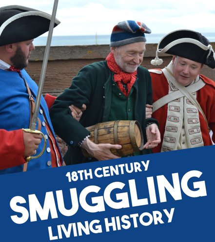 Two men in 18th-century military uniforms hold the arms of an older man carrying a small wooden barrel near the coast, with text below reading "18th Century Smuggling Living History."