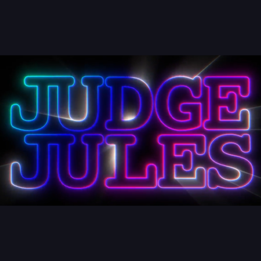 An image featuring neon-style glowing text that reads "JUDGE JULES" in vibrant blue, purple, and pink outlines against a dark, starry background.