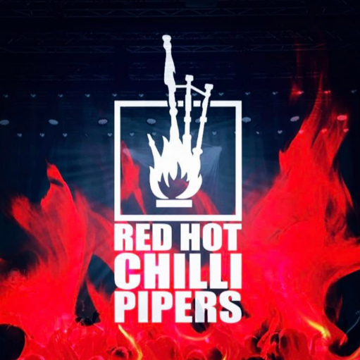 A logo for the band "Red Hot Chilli Pipers" set against a dark stage background framed by bright red flames. The white logo displays a set of bagpipes enveloped in stylized flames inside a square border, with the text "RED HOT CHILLI PIPERS" written in bold capital letters underneath.