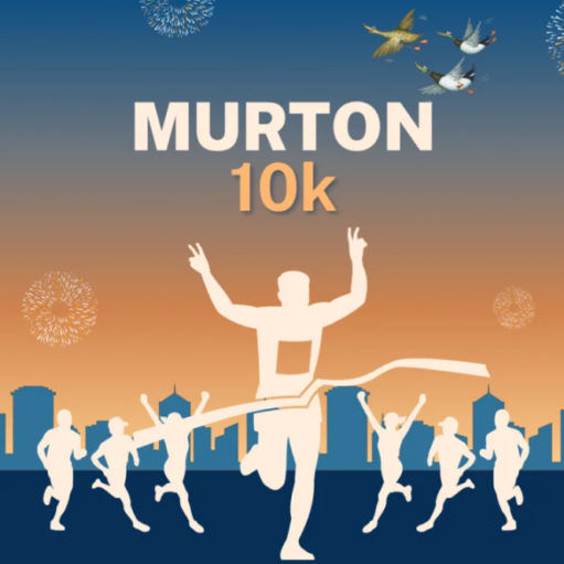 An event graphic for the "Murton 10k" featuring silhouettes of runners, with the lead runner crossing a finish line tape against a sunset sky and city skyline background with flying birds.