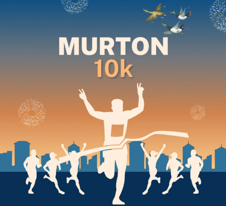 An event graphic for the "Murton 10k" featuring silhouettes of runners, with the lead runner crossing a finish line tape against a sunset sky and city skyline background with flying birds.