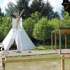 An outdoor area featuring a large white teepee tent set against a background of lush green trees, decorated with cartoon Halloween graphics including a mummy in the bottom left corner and a bat in the top right.