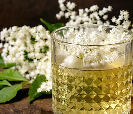 A textured glass filled with light yellow elderflower drink and ice cubes, garnished with fresh elderflower blossoms, resting on a rustic wooden surface next to elderflower sprigs and green leaves.