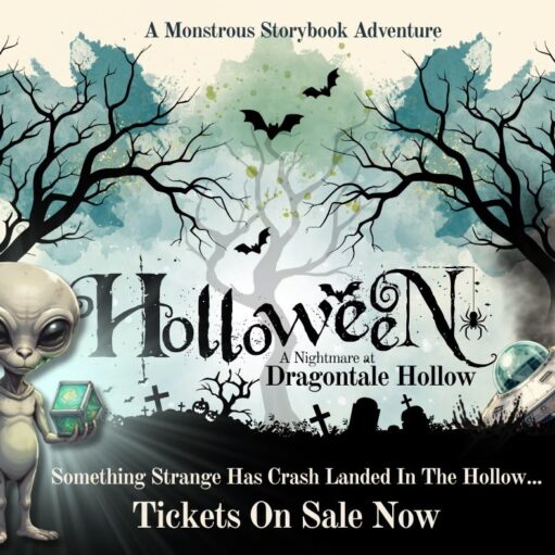 Halloween storybook poster featuring a spooky forest, bats, an alien, a crashed UFO, and the text “Holloween: A Nightmare at Dragontale Hollow.”