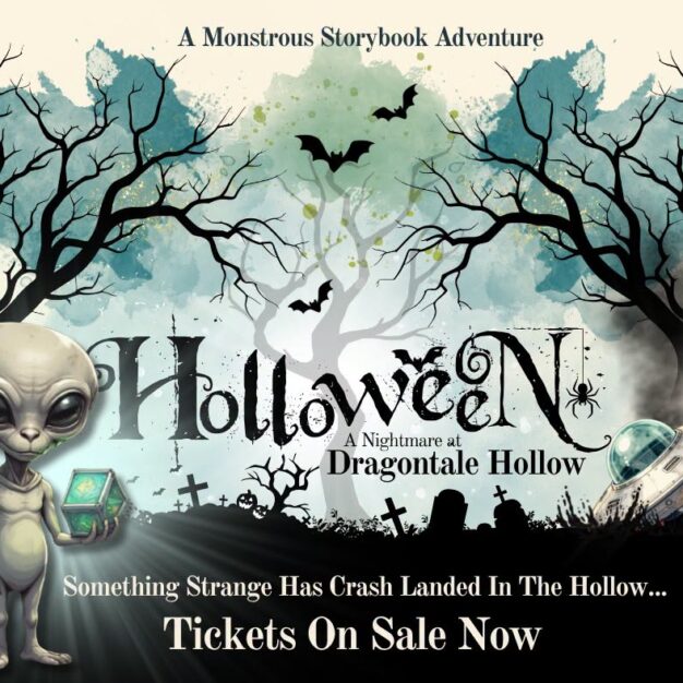 Halloween storybook poster featuring a spooky forest, bats, an alien, a crashed UFO, and the text “Holloween: A Nightmare at Dragontale Hollow.”