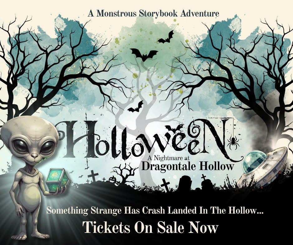 Halloween storybook poster featuring a spooky forest, bats, an alien, a crashed UFO, and the text “Holloween: A Nightmare at Dragontale Hollow.”