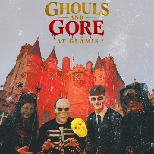 Halloween poster for “Ghouls and Gore at Glamis,” showing Glamis Castle lit in red behind four people in spooky costumes, including a skull mask and skeleton makeup.