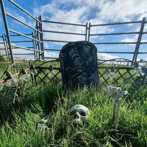 A Halloween graveyard display with a skull, skeletal hands, and a tombstone in a grassy field.