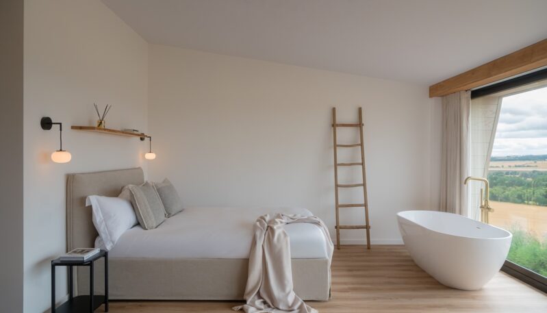 Minimalist bedroom featuring a neutral upholstered bed, a decorative wooden leaning ladder, and a freestanding oval bathtub next to a large floor-to-ceiling window overlooking countryside views.