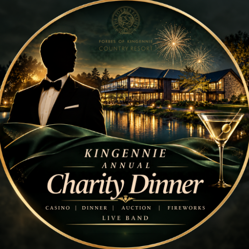 Elegant promotional Graphic for the Kingennie Annual Charity Dinner at Forbes of Kingennie Country Resort, featuring a silhouetted man in a tuxedo, a martini glass, fireworks exploding over a resort building by the water, and event details including casino, dinner, auction, fireworks, and live band.