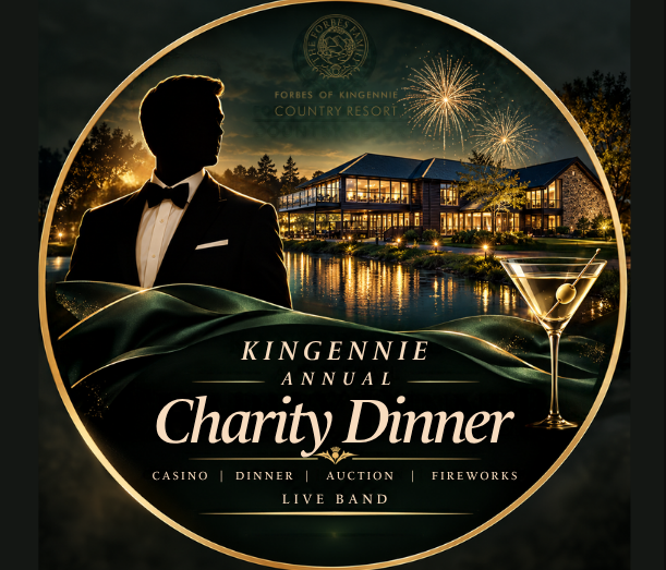 Elegant promotional Graphic for the Kingennie Annual Charity Dinner at Forbes of Kingennie Country Resort, featuring a silhouetted man in a tuxedo, a martini glass, fireworks exploding over a resort building by the water, and event details including casino, dinner, auction, fireworks, and live band.