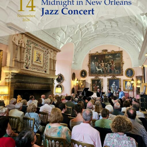 Audience seated in an ornate historic hall with vaulted ceilings and framed paintings, attending a jazz concert advertised as “Midnight in New Orleans Jazz Concert” on 14 November 2026.