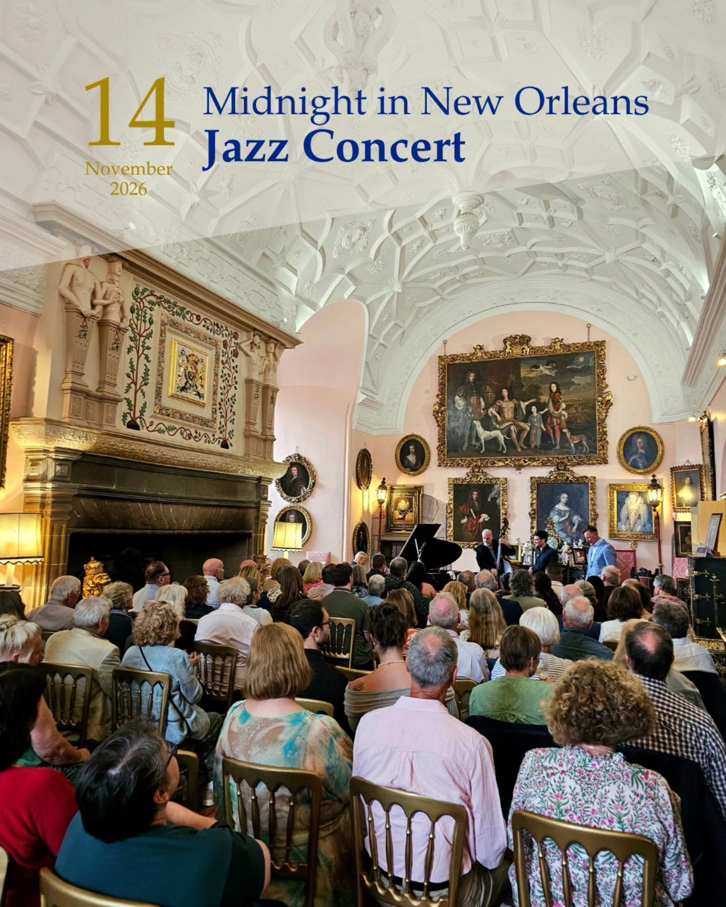 Audience seated in an ornate historic hall with vaulted ceilings and framed paintings, attending a jazz concert advertised as “Midnight in New Orleans Jazz Concert” on 14 November 2026.