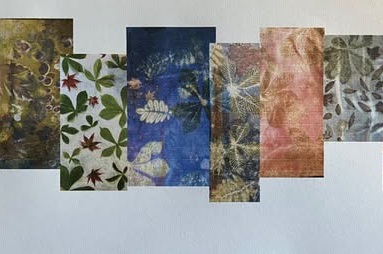 Collection of botanical print samples displayed side by side, featuring leaf and plant impressions in green, blue, gold and pink tones on textured paper.