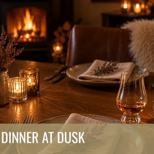 Cosy candlelit dining table set beside a glowing fireplace, featuring elegant place settings and a glass of whisky, with the text “Dinner at Dusk” displayed across the image.