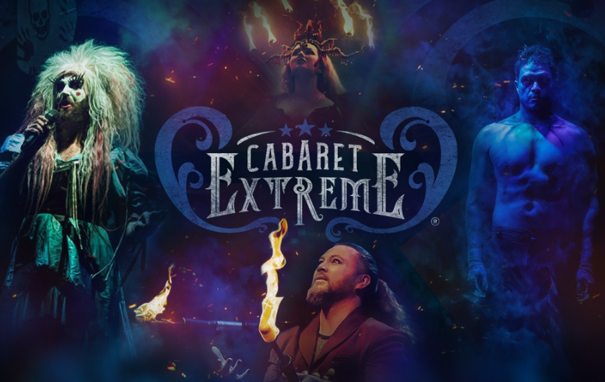 Promotional image for Cabaret Extreme featuring dramatic circus and cabaret performers surrounded by flames, smoke and blue-purple lighting, with the show’s logo at the centre and fire performance elements throughout the scene.