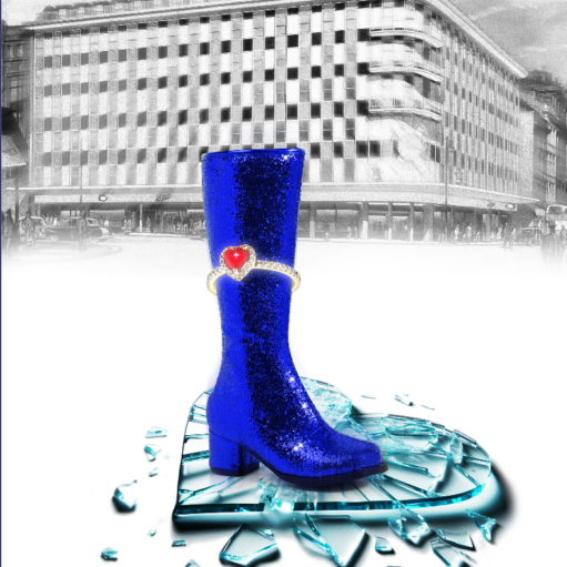 Promotional artwork featuring a sparkling blue boot standing on a shattered glass slipper, set against the backdrop of a large department store. The boot is decorated with a heart-shaped ring, creating a playful twist on the classic Cinderella fairytale.