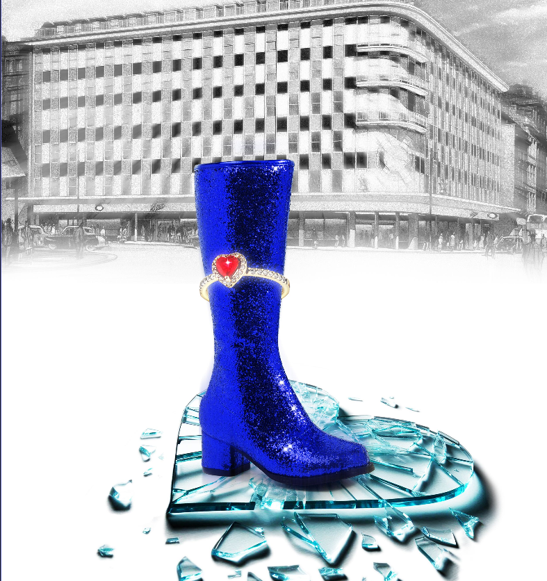 Promotional artwork featuring a sparkling blue boot standing on a shattered glass slipper, set against the backdrop of a large department store. The boot is decorated with a heart-shaped ring, creating a playful twist on the classic Cinderella fairytale.