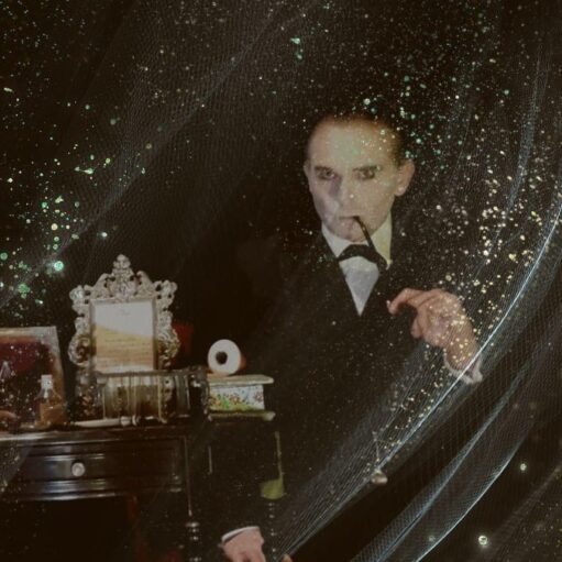 Atmospheric promotional image showing a performer in formal evening attire standing beside a dressing table, partially obscured by sparkling veil-like fabric. The dark, vintage-style scene features theatrical lighting, decorative props and a mysterious cabaret-inspired aesthetic.